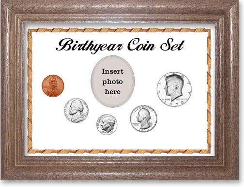 1970 Birth Year Coin Gift Set with a white background and dark oak frame LARGE