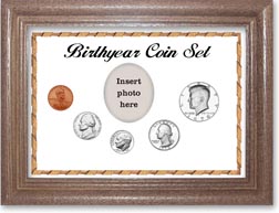 1970 Birth Year Coin Gift Set with a white background and dark oak frame THUMBNAIL