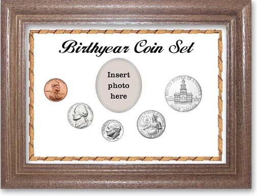 1976 Birth Year Coin Gift Set with a white background and dark oak frame LARGE