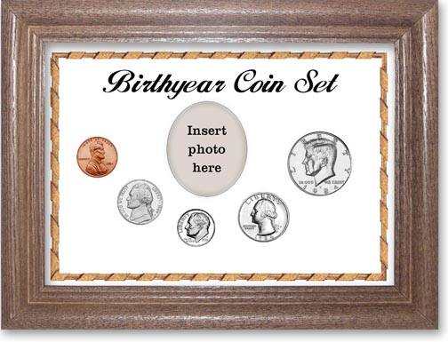 1984 Birth Year Coin Gift Set with a white background and dark oak frame LARGE