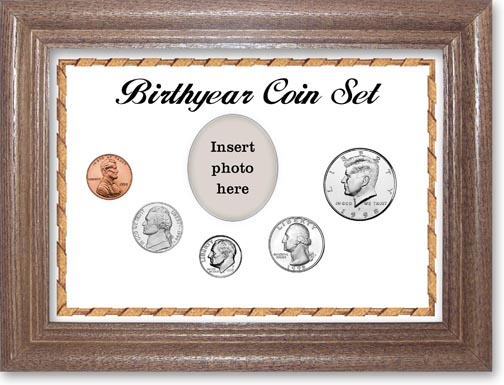 1998 Birth Year Coin Gift Set with a white background and dark oak frame LARGE