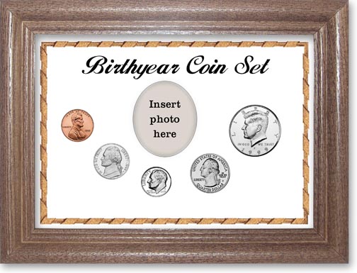 1999 Birth Year Coin Gift Set with a white background and dark oak frame MAIN