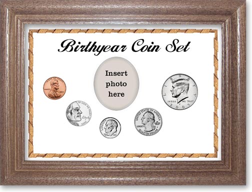 2005 Birth Year Coin Gift Set with a white background and dark oak frame MAIN