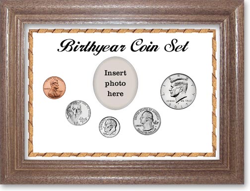 2017 Birth Year Coin Gift Set with a white background and dark oak frame MAIN