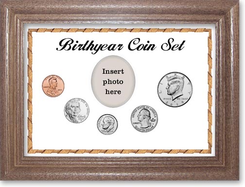 2019 Birth Year Coin Gift Set with a white background and dark oak frame MAIN