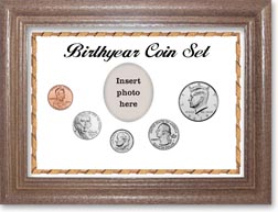 2019 Birth Year Coin Gift Set with a white background and dark oak frame THUMBNAIL