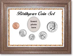 Birth Year Coin Gift Set with a white background and dark oak frame THUMBNAIL