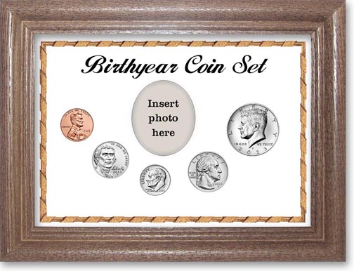 Birth Year Coin Gift Set with white background and dark oak frame LARGE