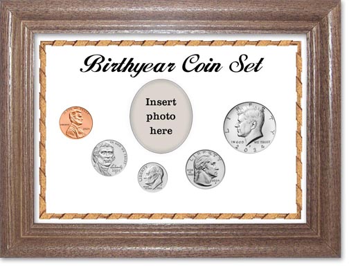 2024 Birth Year Coin Gift Set with a white background and dark oak frame LARGE