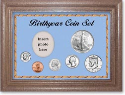 1986 Birth Year Deluxe Gift Set with a blue background and dark oak frame THUMBNAIL