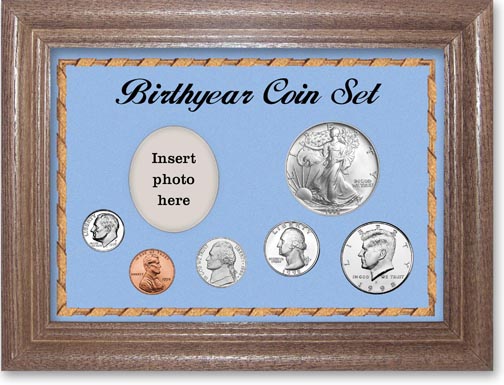 1998 Birth Year Deluxe Gift Set with a blue background and dark oak frame LARGE