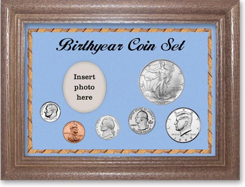1999 Birth Year Deluxe Gift Set with a blue background and dark oak frame LARGE