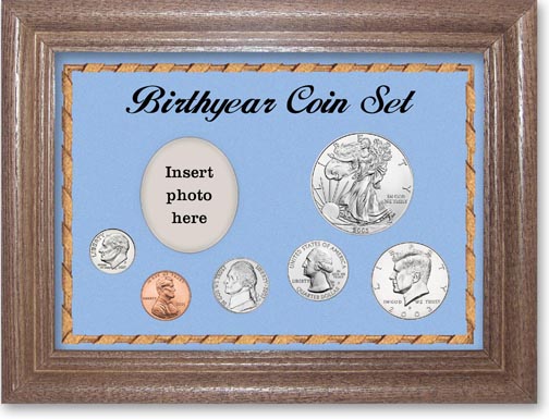2003 Birth Year Deluxe Gift Set with a blue background and dark oak frame LARGE