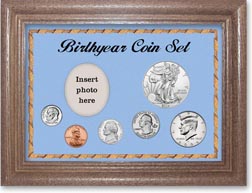2004 Birth Year Deluxe Gift Set with a blue background and dark oak frame THUMBNAIL