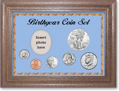 2019 Birth Year Deluxe Gift Set with a blue background and dark oak frame MAIN