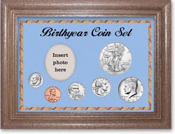 Birth Year Deluxe Gift Set with a blue background and dark oak frame THUMBNAIL