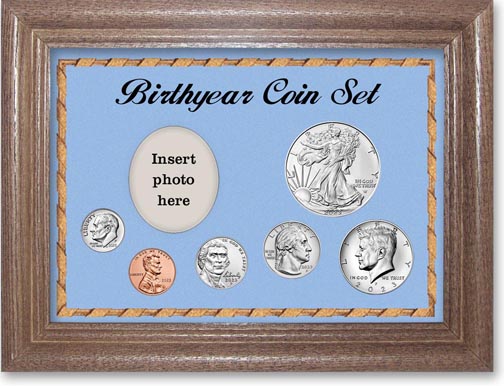 Birth Year Deluxe Gift Set with blue background and dark oak frame LARGE