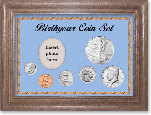 2024 Birth Year Deluxe Gift Set with a blue background and dark oak frame LARGE