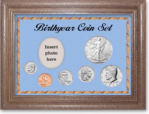 2025 Birth Year Deluxe Gift Set with a blue background and dark oak frame MAIN