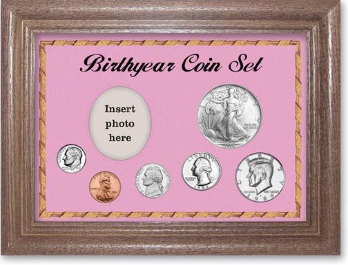 1986 Birth Year Deluxe Gift Set with a pink background and dark oak frame MAIN