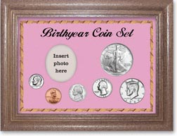 1986 Birth Year Deluxe Gift Set with a pink background and dark oak frame THUMBNAIL