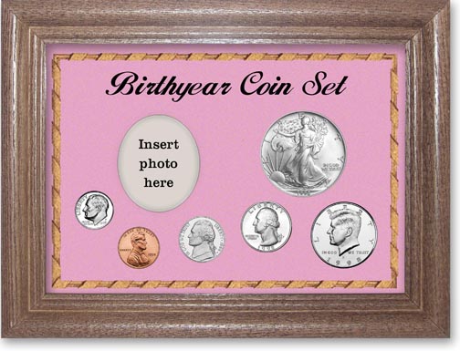 1998 Birth Year Deluxe Gift Set with a pink background and dark oak frame LARGE