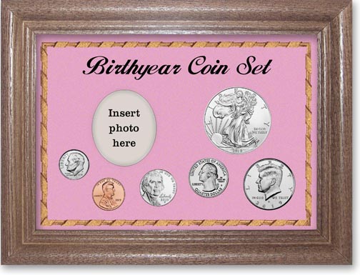 2019 Birth Year Deluxe Gift Set with a pink background and dark oak frame MAIN