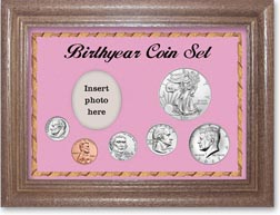 Birth Year Deluxe Gift Set with a pink background and dark oak frame THUMBNAIL