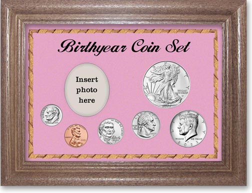 Birth Year Deluxe Gift Set with pink background and dark oak frame LARGE