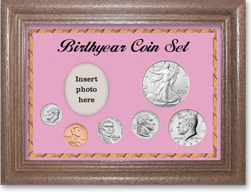 Birth Year Deluxe Gift Set with pink background and dark oak frame LARGE