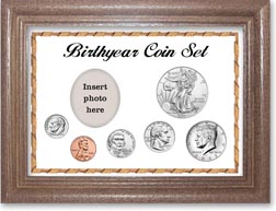 Birth Year Deluxe Gift Set with a white background and dark oak frame THUMBNAIL