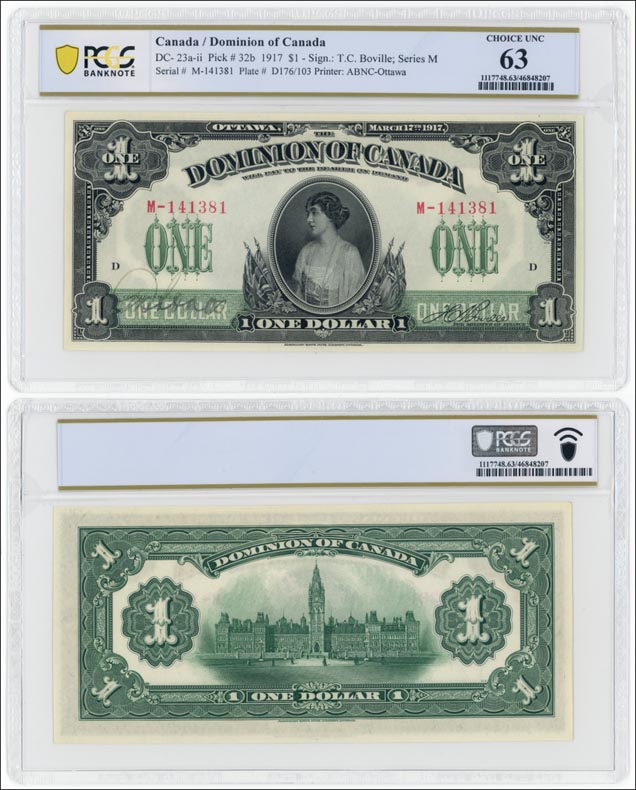 Canada Banknote, 1 Dollar, 17.3.1917, P#32b LARGE