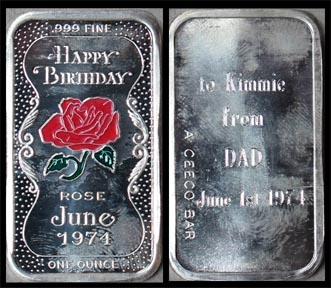 Happy Birthday 1974 - June, Rose - enameled' Art Bar by Ceeco Mint. MAIN