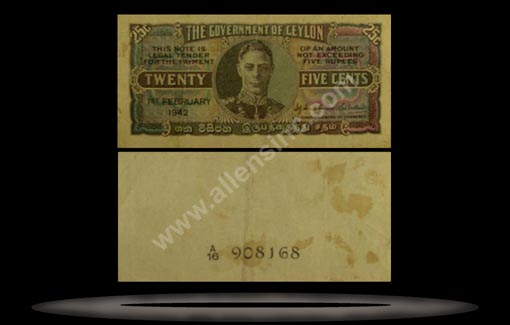 Ceylon Banknote, 25 Cents, 14.7.1942, P#44a MAIN