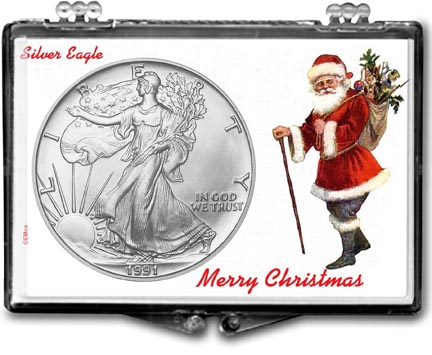 1991 Merry Christmas Santa Claus American Silver Eagle Gift Display MAIN