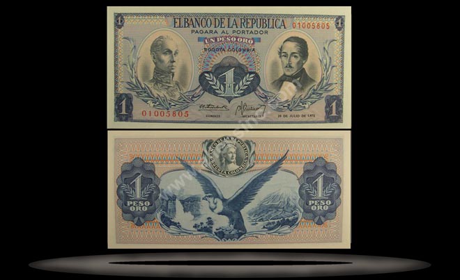 Colombia Banknote, 1 Peso Oro, 20.7.1972, P#404e MAIN