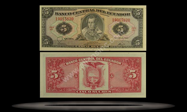 Ecuador Banknote, 5 Sucres, 14.3.1975, P#108a MAIN