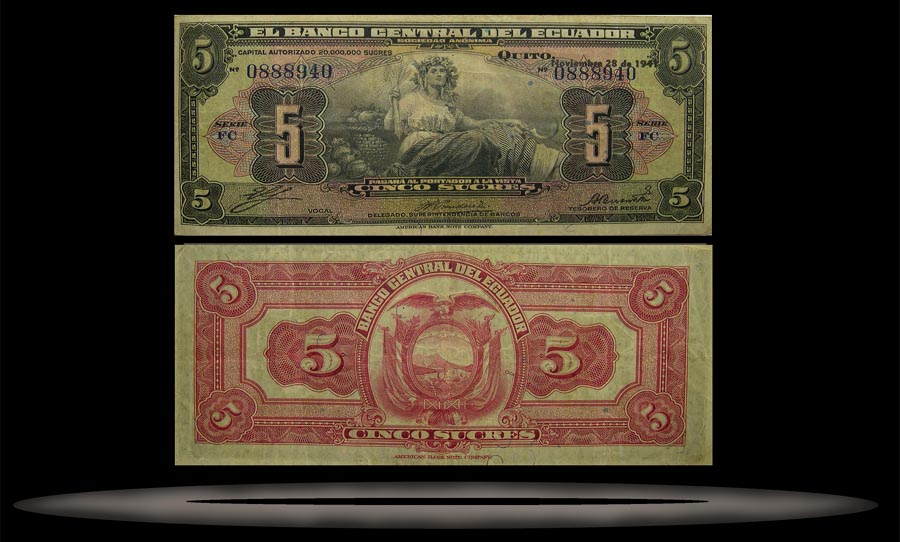 Ecuador Banknote, 5 Sucres, 26.12.1946, P#91b MAIN