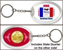Iowa - State Flag Keychain - with Gold Plated State Quarter MAIN