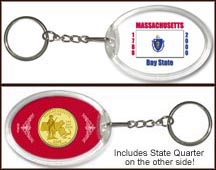Massachusetts - State Flag Keychain - with Gold Plated State Quarter MAIN