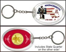Massachusetts - Minuteman Keychain - with Gold Plated State Quarter MAIN