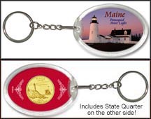 Maine - Pemaquid Point Light Keychain - with Gold Plated State Quarter MAIN