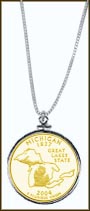 Michigan Quarter Sterling Silver Necklace - with Gold Plated State Quarter MAIN