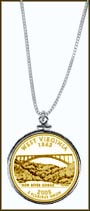 West Virginia Quarter Sterling Silver Necklace - with Gold Plated State Quarter MAIN