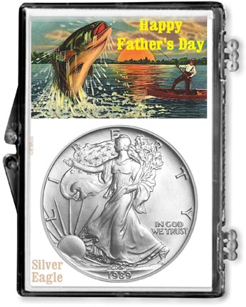 1989 Father’s Day Fishing Scene American Silver Eagle Gift Display MAIN