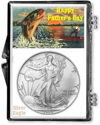 1992 Father’s Day Fishing Scene American Silver Eagle Gift Display LARGE
