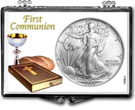 1989 First Communion American Silver Eagle Gift Display MAIN