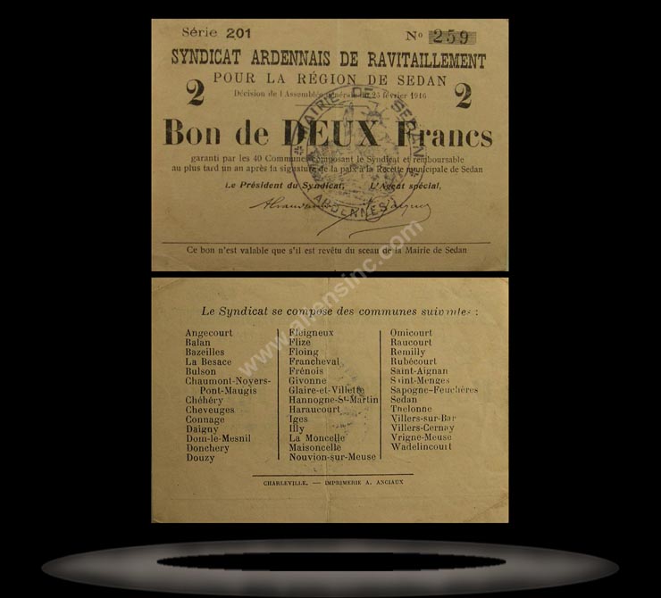 Société des Bons d'Émission d'Avesnes and Solesmes, France Banknote, 1 Franc, 2.2.1916, P#1 MAIN