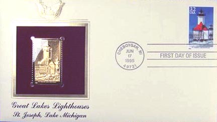 #2970 32¢ Great Lakes Lighthouses: St. Joseph, Lake Michigan - Gold-Foil First Day Cover MAIN