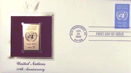 #2974 32¢ UN 50th Anniversy - Gold-Foil First Day Cover MAIN